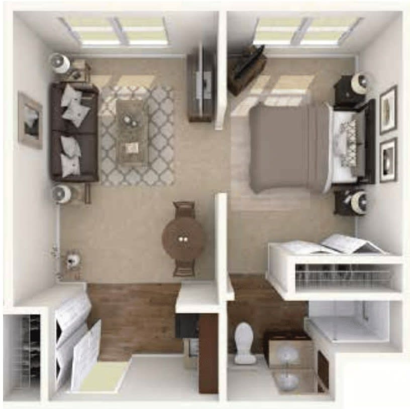 A top-down view of a one-bedroom apartment floor plan, showing the layout of the living room, bedroom, kitchen, and bathroom.