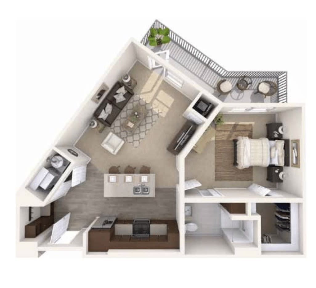 A modern apartment floor plan featuring a kitchen, living area, bedroom, bathroom, and a balcony.