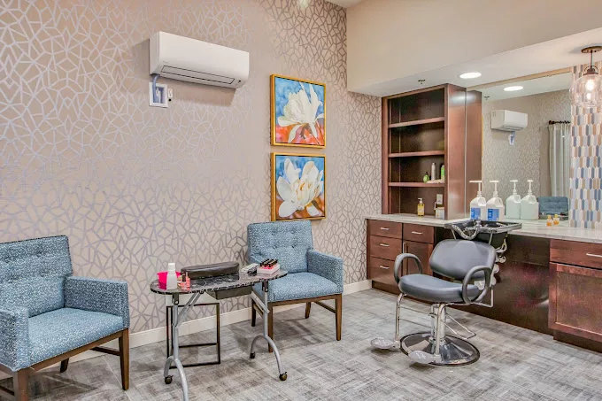 A modern salon interior with stylish chairs, artwork on the walls, and a well-equipped hairdressing station.