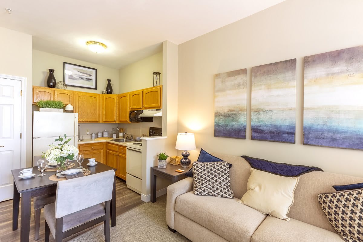 A cozy living space with an open kitchen layout and modern decor.