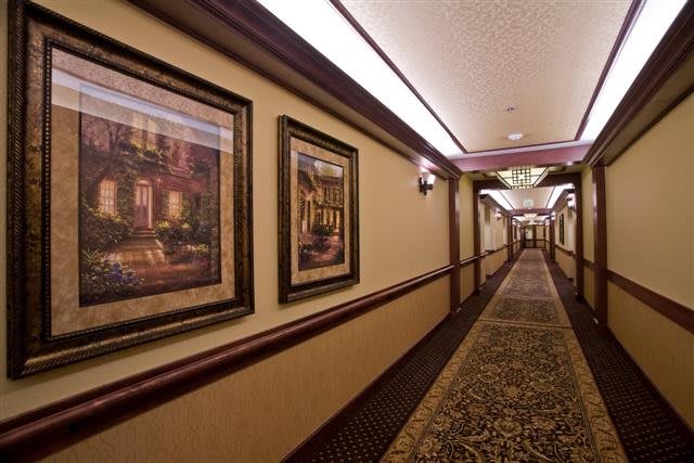A hotel hallway with decorative paintings and ornate carpeting.