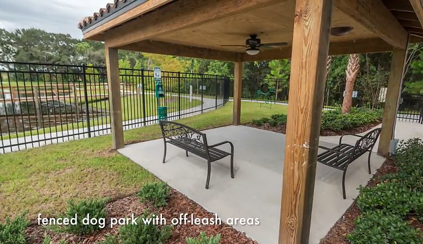 Covered seating area in a dog park with off-leash areas.