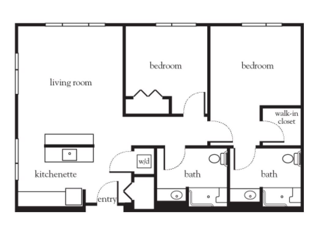A floor plan of an apartment with two bedrooms, a living room, a kitchenette, and two bathrooms.