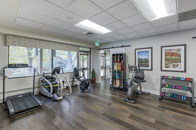 A well-equipped gym with exercise machines and a comfortable workout space.