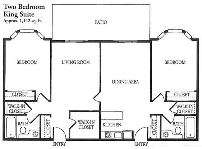 A floor plan of a two-bedroom apartment featuring a living room, dining area, kitchen, two bathrooms, walk-in closet, and patio.