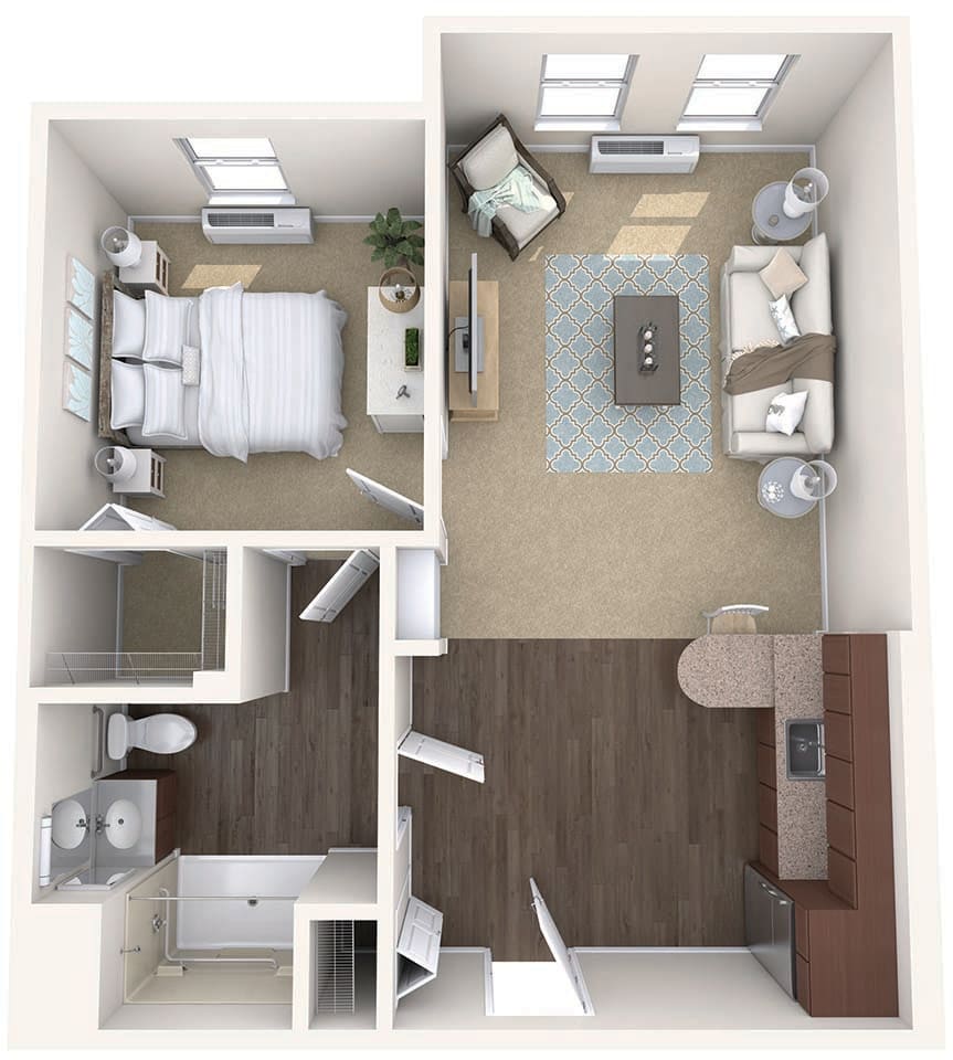 One-bedroom apartment floor plan with furniture layout, including a living room, kitchen, bedroom, and bathroom.