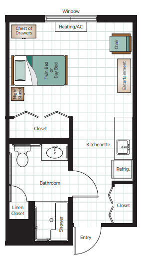 A studio apartment floor plan showing the layout of a bedroom, bathroom, kitchenette, and living area.