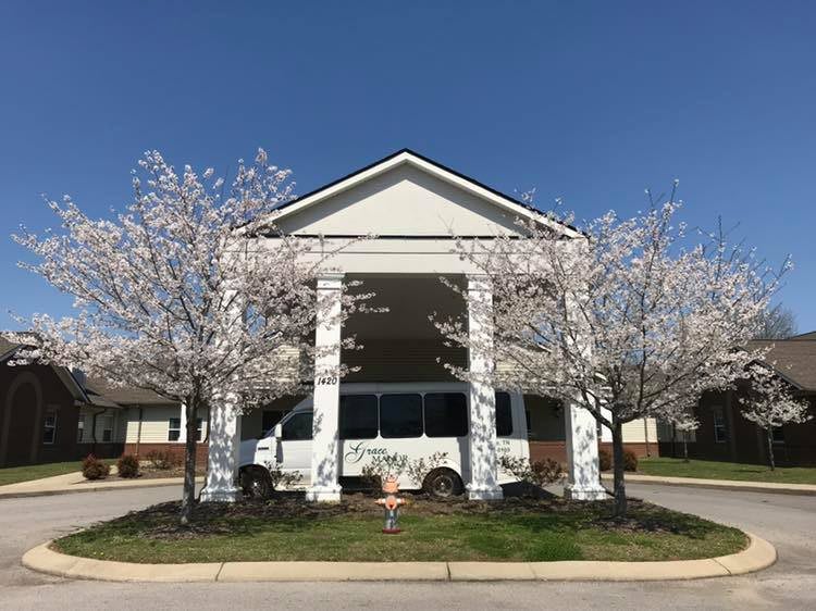 A van parked under the entrance of a building surrounded by blossoming trees on a sunny day.