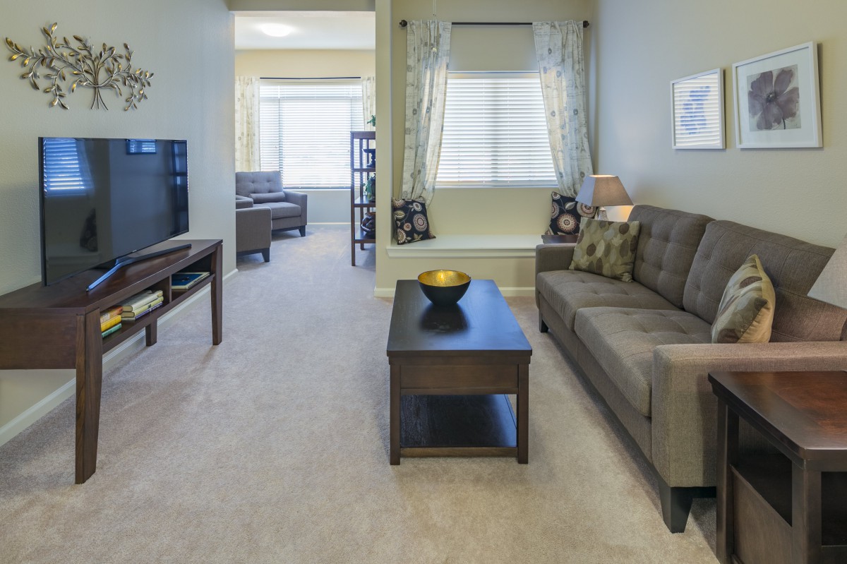 A cozy living room with modern furnishings, featuring a sofa, coffee table, and television.