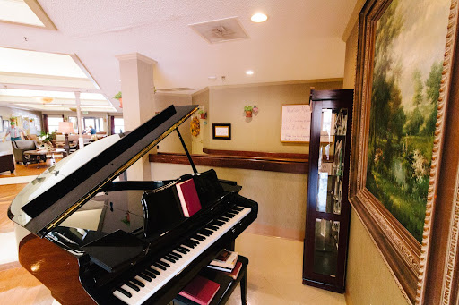 A stylish grand piano set in a cozy interior, accompanied by decorative art and furniture.