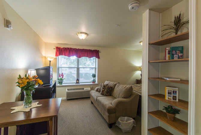 Cozy living space with a sofa, TV, and bookshelf.