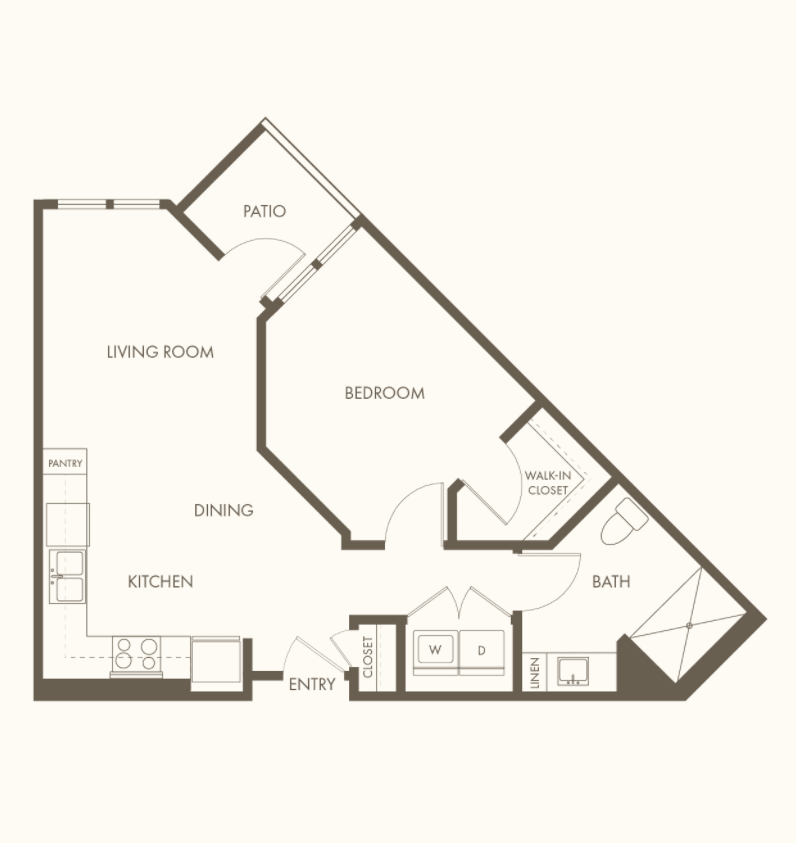 A floor plan of a one-bedroom apartment with an open living/dining area and a bathroom.