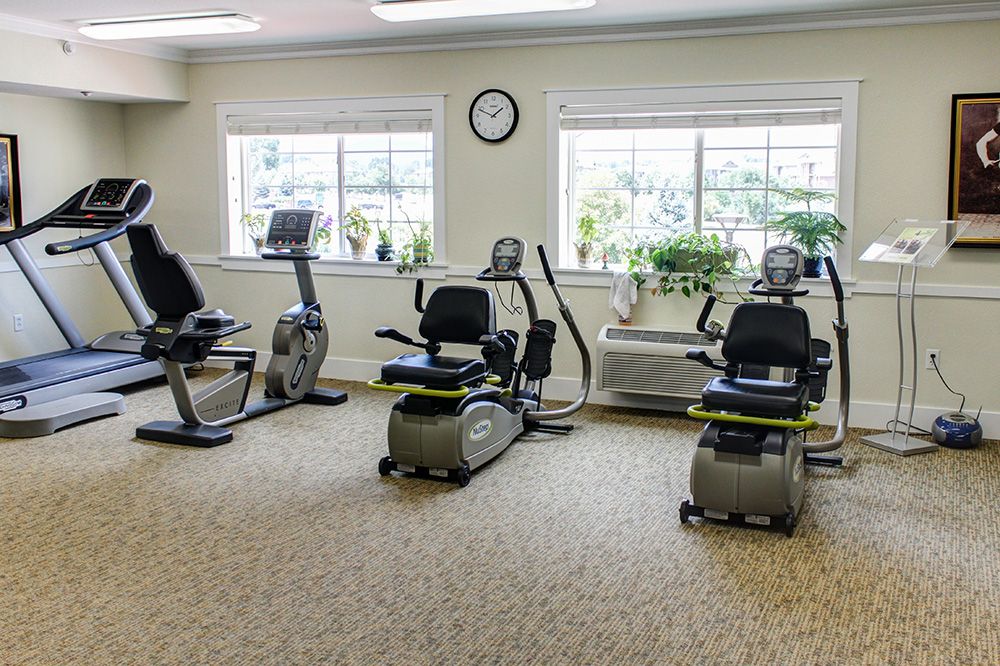 A gym featuring several cardio machines, including stationary bicycles, set in a well-lit room with large windows.