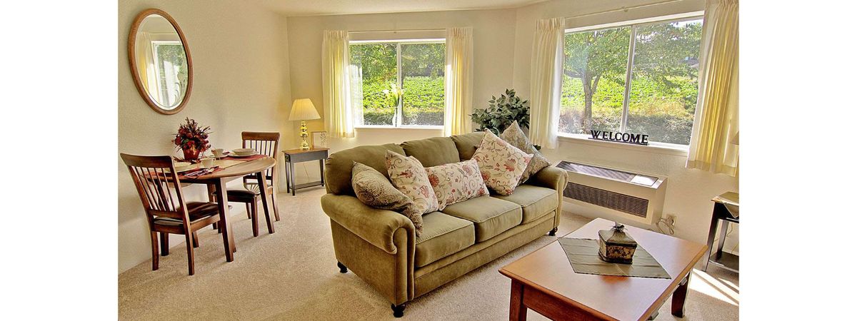A cozy living room with a green sofa and floral cushions, warmly lit by natural light filtering through large windows.