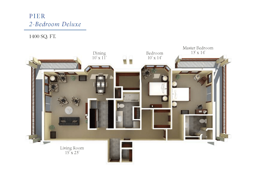A floor plan of a two-bedroom apartment with labeled rooms and dimensions.