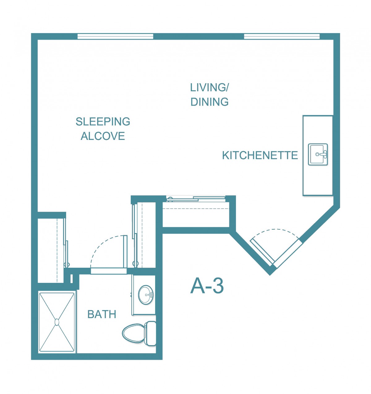 A floor plan of a studio apartment featuring a sleeping alcove, living/dining area, kitchenette, and bathroom.