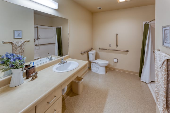 An accessible bathroom with a toilet, sink, and handrails.
