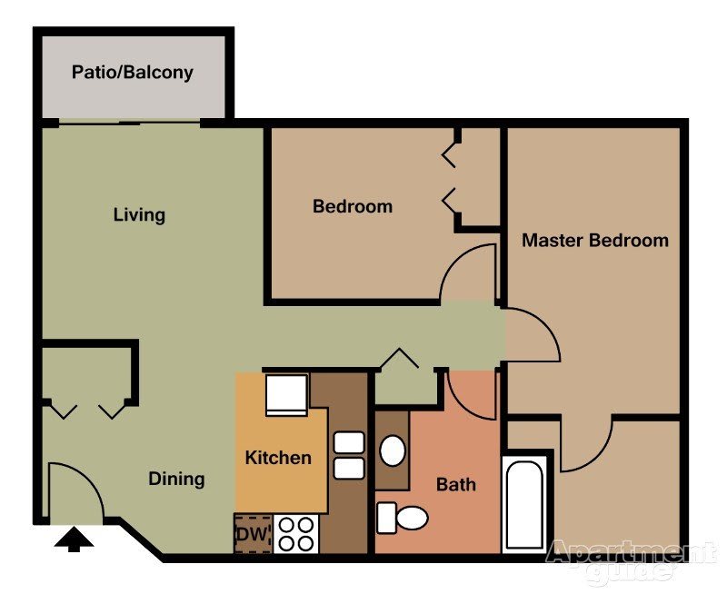 A floor plan of a two-bedroom apartment including a living room, kitchen, dining area, bathroom, and patio/balcony.