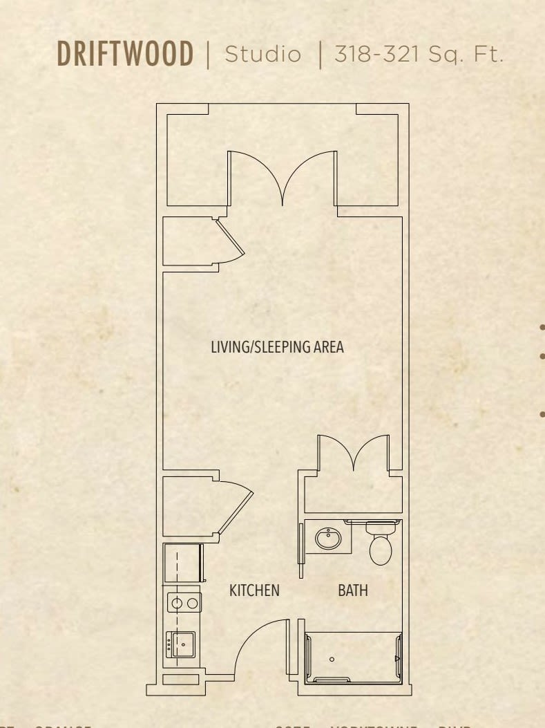 A floor plan of a studio apartment featuring a living/sleeping area, kitchen, and bathroom.