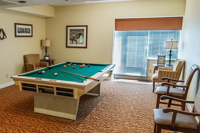 A cozy indoor game room featuring a pool table and comfortable seating.