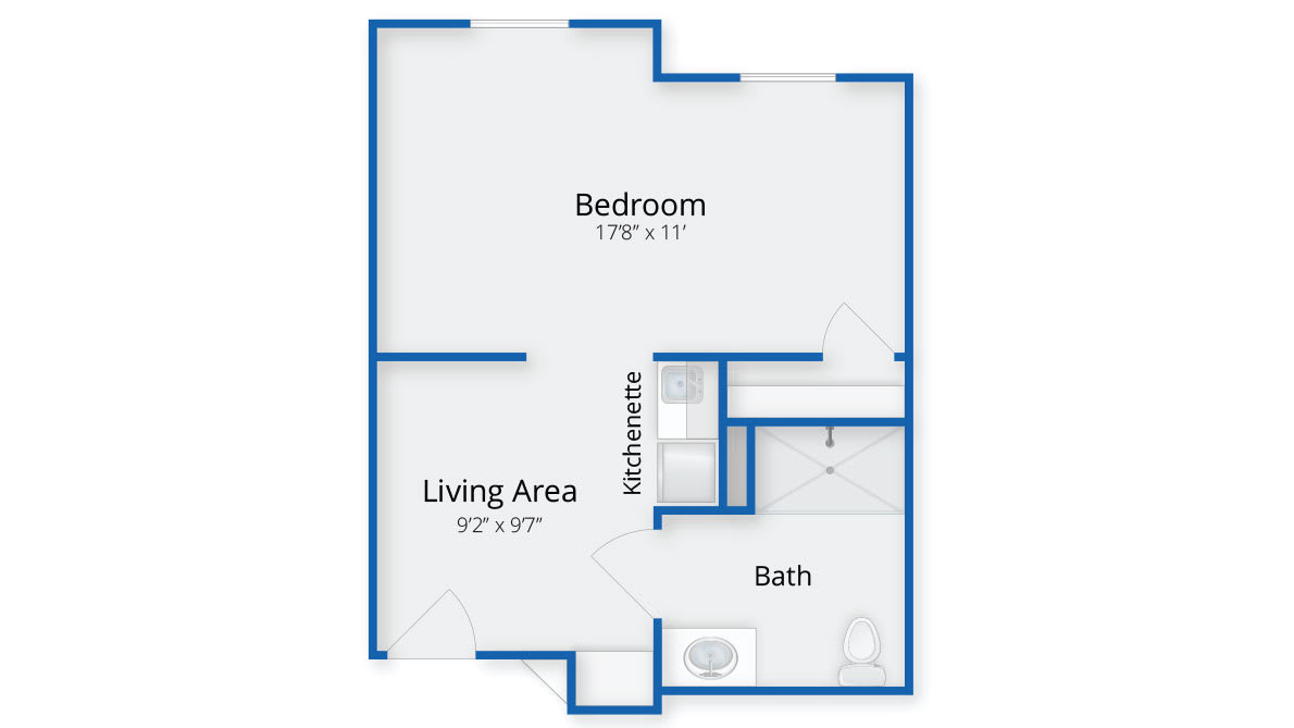 A floor plan of a one-bedroom apartment featuring a living area, kitchen, and bathroom.