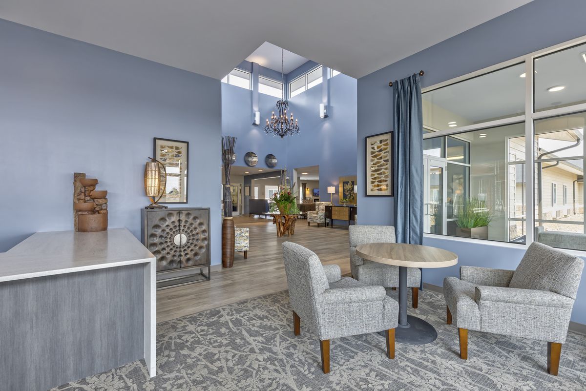 A modern living room with blue walls, stylish furniture, and ample natural light.