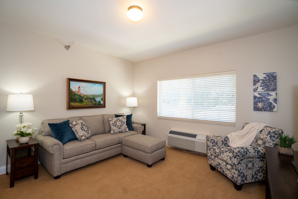 A cozy living room featuring a sofa, an ottoman, and a patterned armchair, with natural light streaming in through the window.