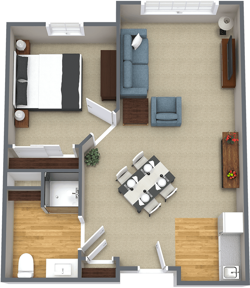 A 3D floor plan of a one-bedroom apartment featuring a living room, dining area, kitchen, and bathroom.