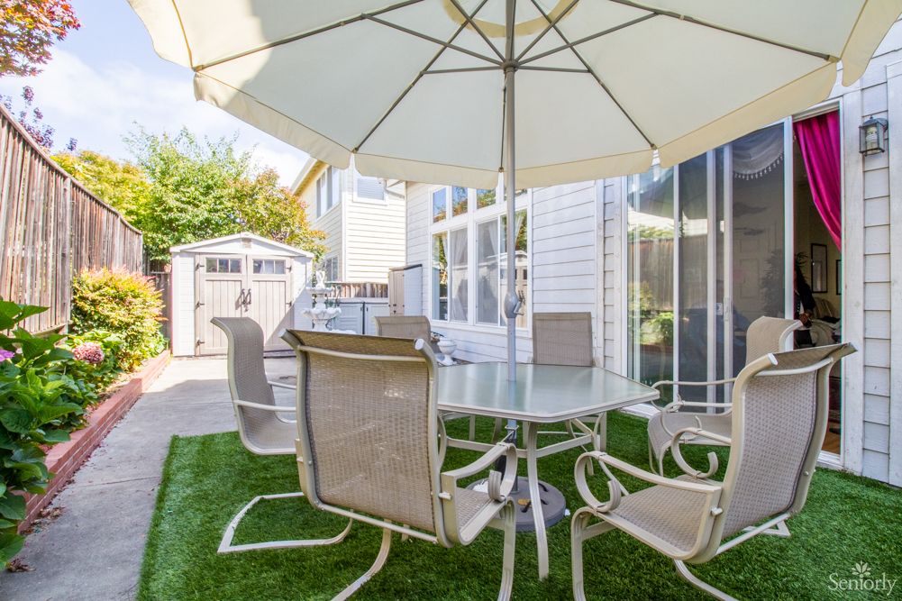 A sunny backyard patio with a glass table, chairs, and an umbrella next to a garden shed.
