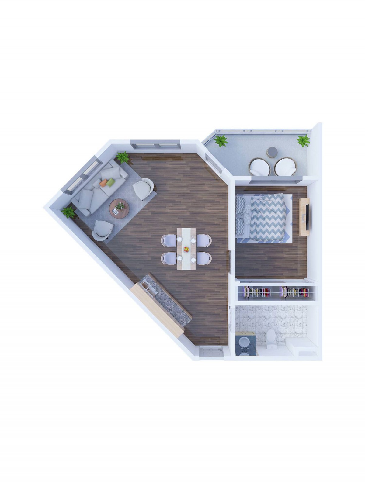 A 3D floor plan of a compact one-bedroom apartment featuring an open living area and kitchen, along with a separate bedroom.