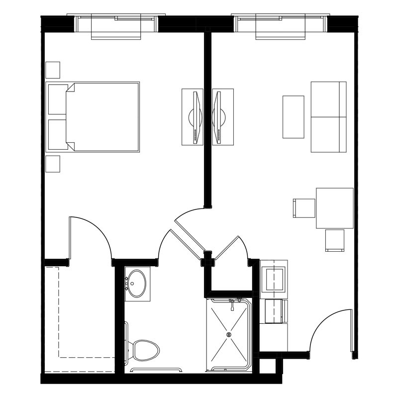 A black and white floor plan of a small apartment featuring one bedroom, a bathroom, a living room, and a kitchen.