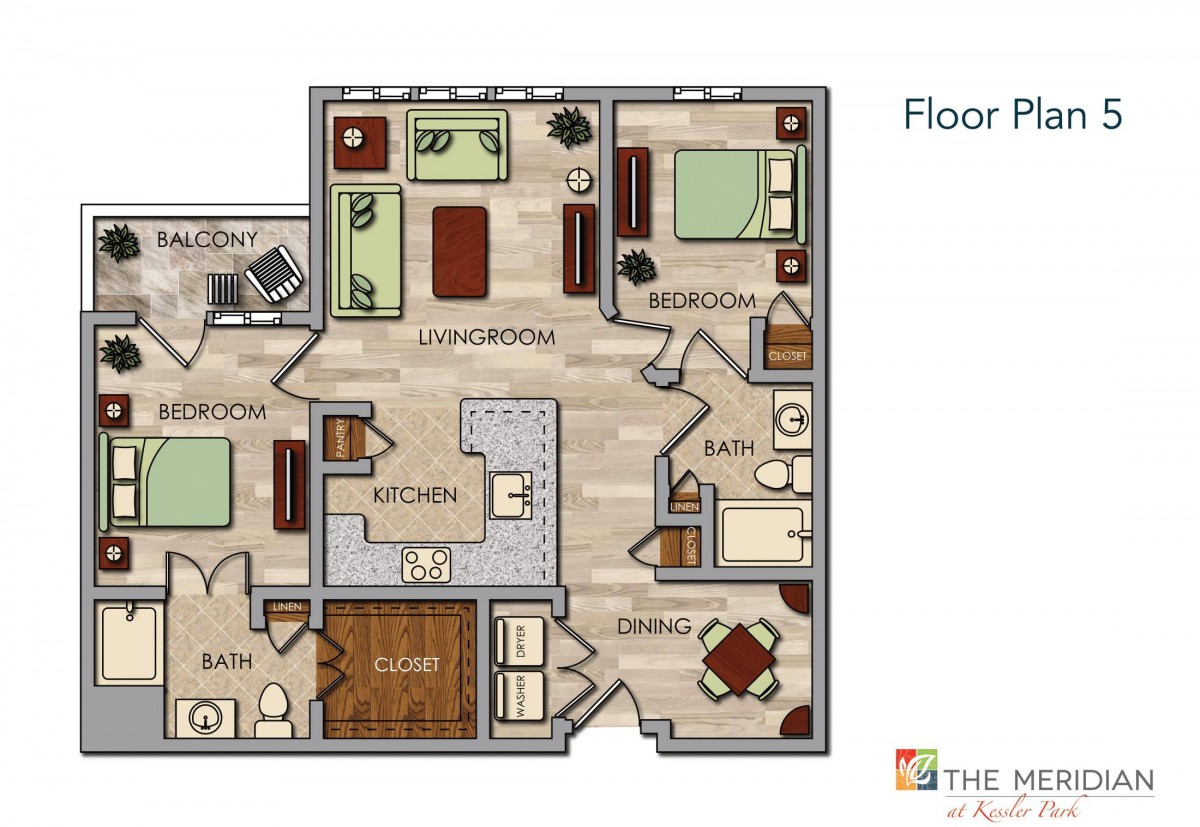A detailed floor plan of a two-bedroom apartment with a living room, kitchen, bathrooms, and dining area.