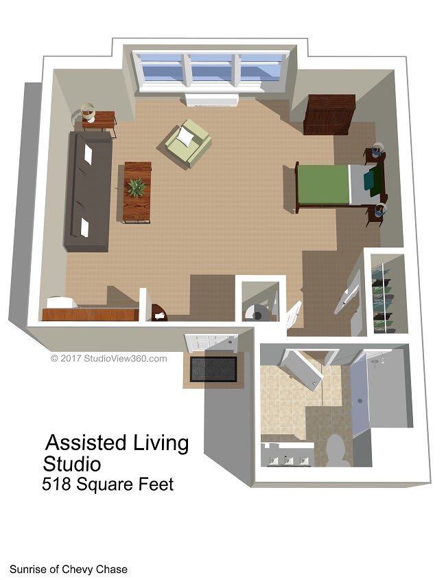 This image depicts a floor plan of an assisted living studio apartment measuring 518 square feet, showcasing the arrangement of furniture and spaces.