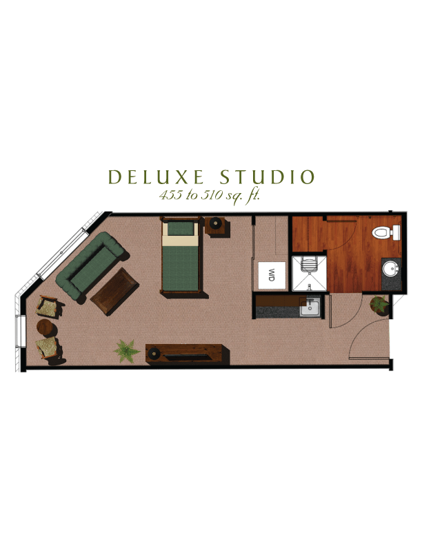 Deluxe Studio floor plan layout with specified dimensions.