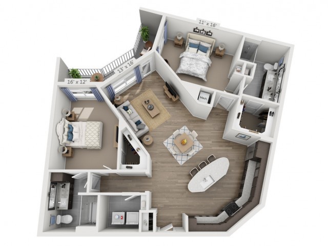 A 3D floor plan of a two-bedroom apartment showcasing an open living area and modern amenities.