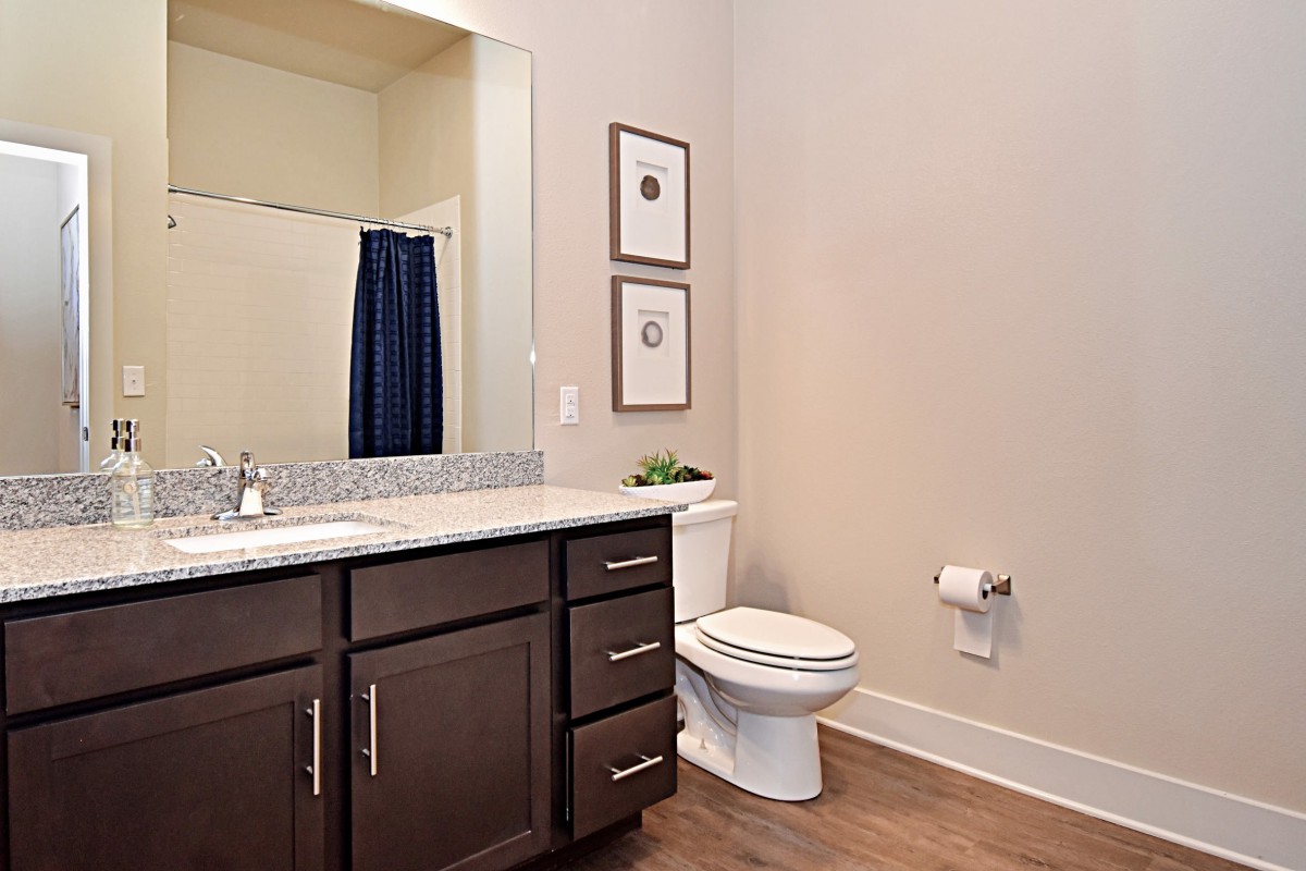A modern bathroom with a wooden vanity, large mirror, and toilet, featuring minimalist decor.