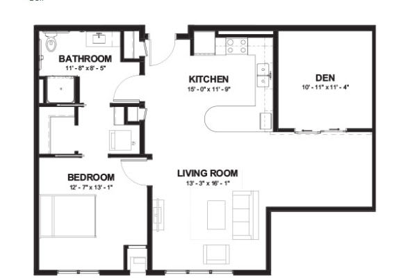 A detailed floor plan showing the layout of a home with a bedroom, bathroom, kitchen, living room, and den.