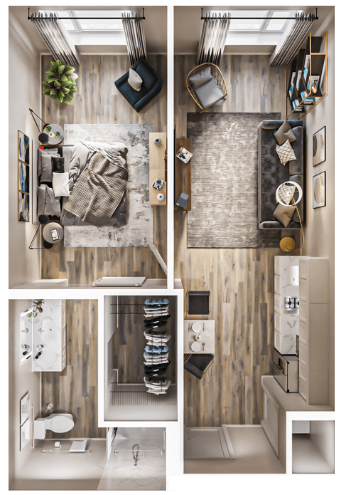 Modern apartment floor plan showcasing a compact and stylish living space with a bedroom, living room, and kitchen area.