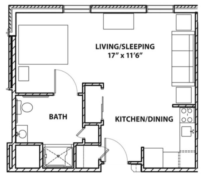 A floor plan of a studio apartment with combined living/sleeping, kitchen/dining areas, and a separate bathroom.