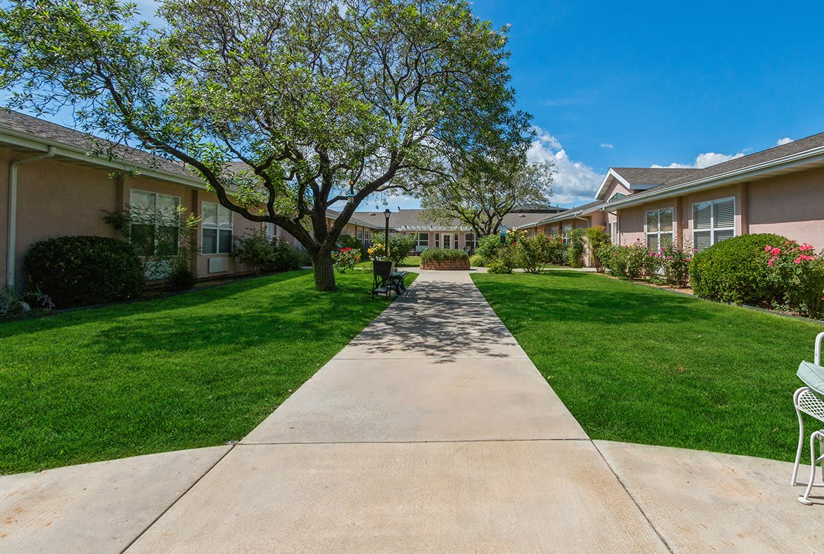 A scenic view of a pathway leading through a landscaped area with trees and buildings under a clear blue sky.
