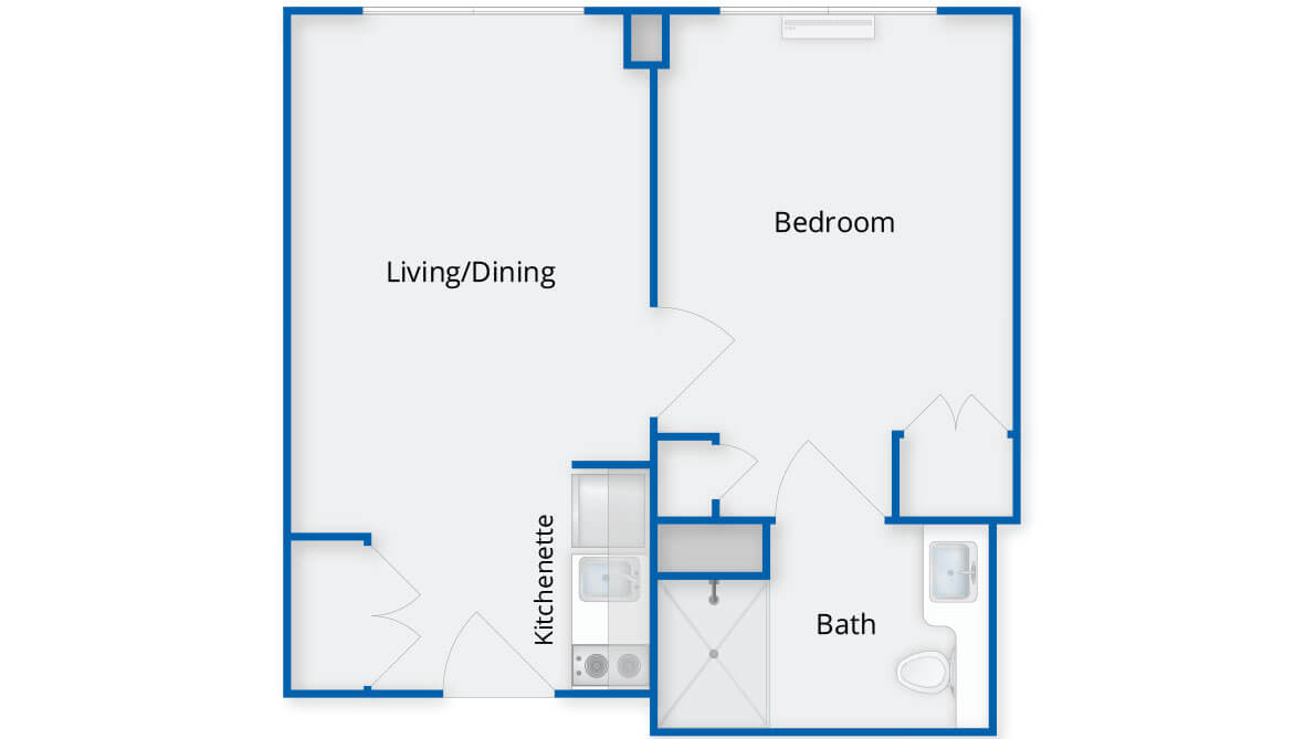 A simple apartment floor plan featuring a living/dining area, kitchenette, bedroom, and bathroom.