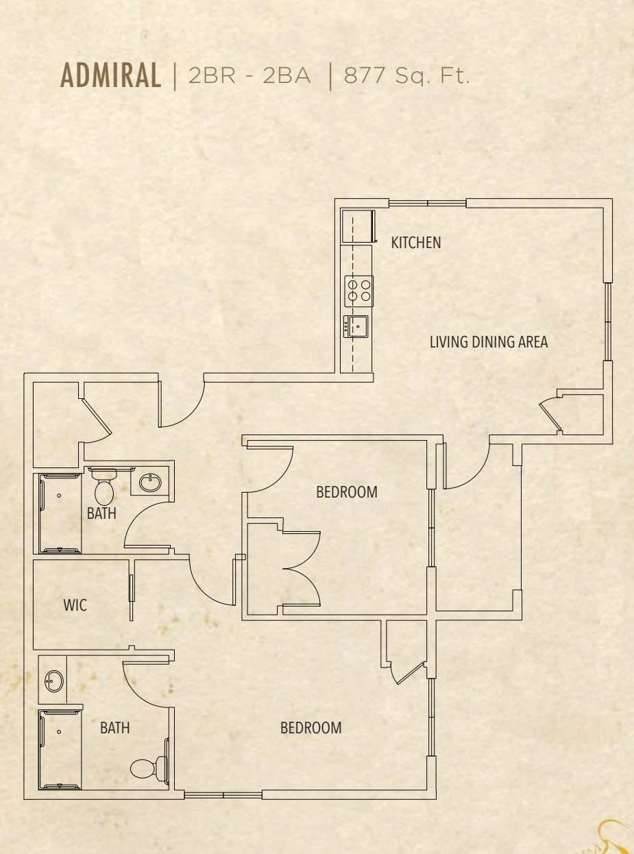 A detailed floor plan of an apartment showing the layout of rooms, including kitchen, living/dining area, bathroom, and bedrooms.