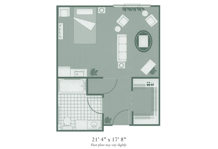 Studio apartment floor plan with furniture layout.