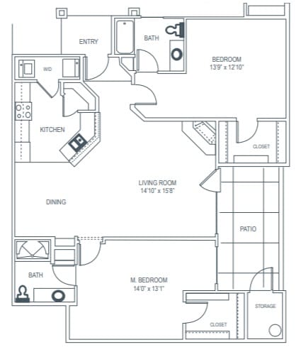 Apartment floor plan with two bedrooms, a kitchen, and a living room.