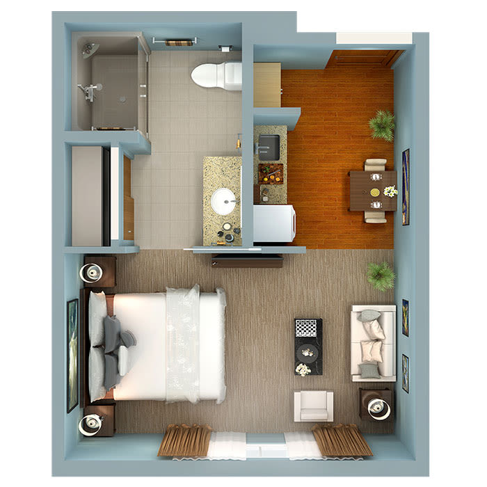 A detailed floor plan of a one-bedroom apartment showcasing the layout with designated spaces for living, sleeping, and dining.