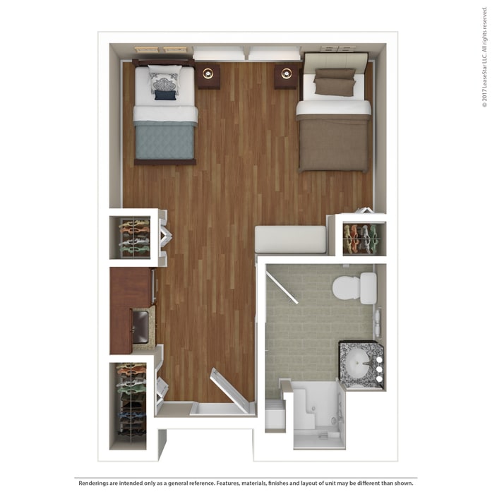 A 3D floor plan of a compact one-bedroom apartment with designated areas for a bed, living space, kitchen, and bathroom.