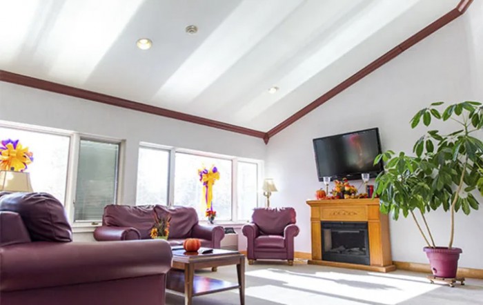 A cozy living room with leather sofas, a fireplace, and a large television, brightened by natural light from the windows.