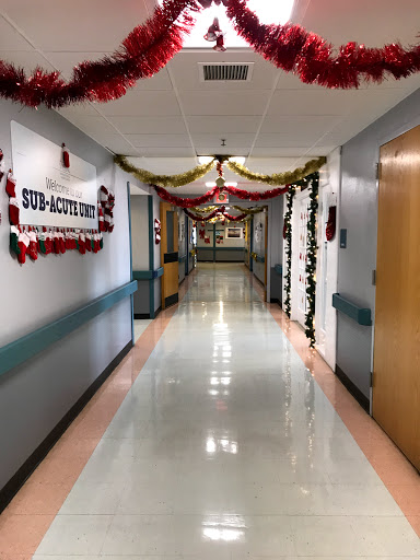 A decorated hospital hallway embracing the holiday spirit.