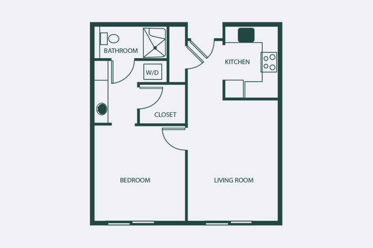 A simple one-bedroom apartment floor plan showing living room, kitchen, bathroom, and closet.