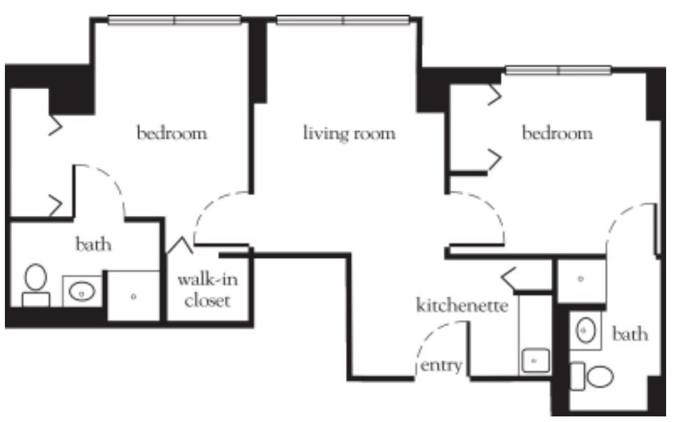 A floor plan of an apartment showing the layout of rooms including two bedrooms, a living room, kitchenette, entry, bathroom, and walk-in closet.